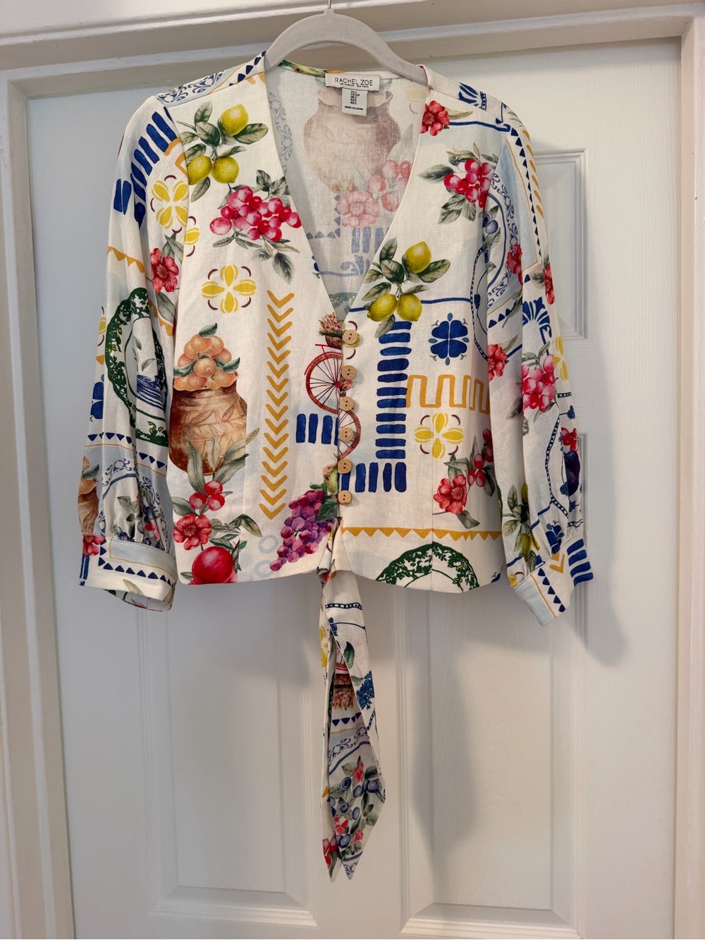 Rachel Zoe Multicolor Fruit & Floral Tie-Front Blouse